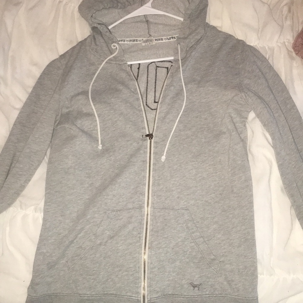 Grey PINK hooded zip-up sweatshirt